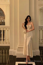 Classy Mermaid Spaghetti Straps White Floral Satin Prom Dresses Birthday Outfits Prom Gowns
