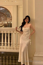 Classy Mermaid Spaghetti Straps White Floral Satin Prom Dresses Birthday Outfits Prom Gowns