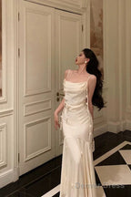 Classy Mermaid Spaghetti Straps White Floral Satin Prom Dresses Birthday Outfits Prom Gowns