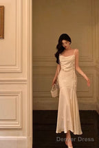 Classy Mermaid Spaghetti Straps White Floral Satin Prom Dresses Birthday Outfits Prom Gowns