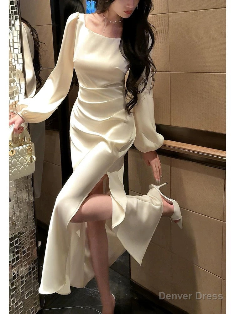 Classy Mermaid Square Neckline Long Sleeves Slit Prom Dresses Evening Gowns