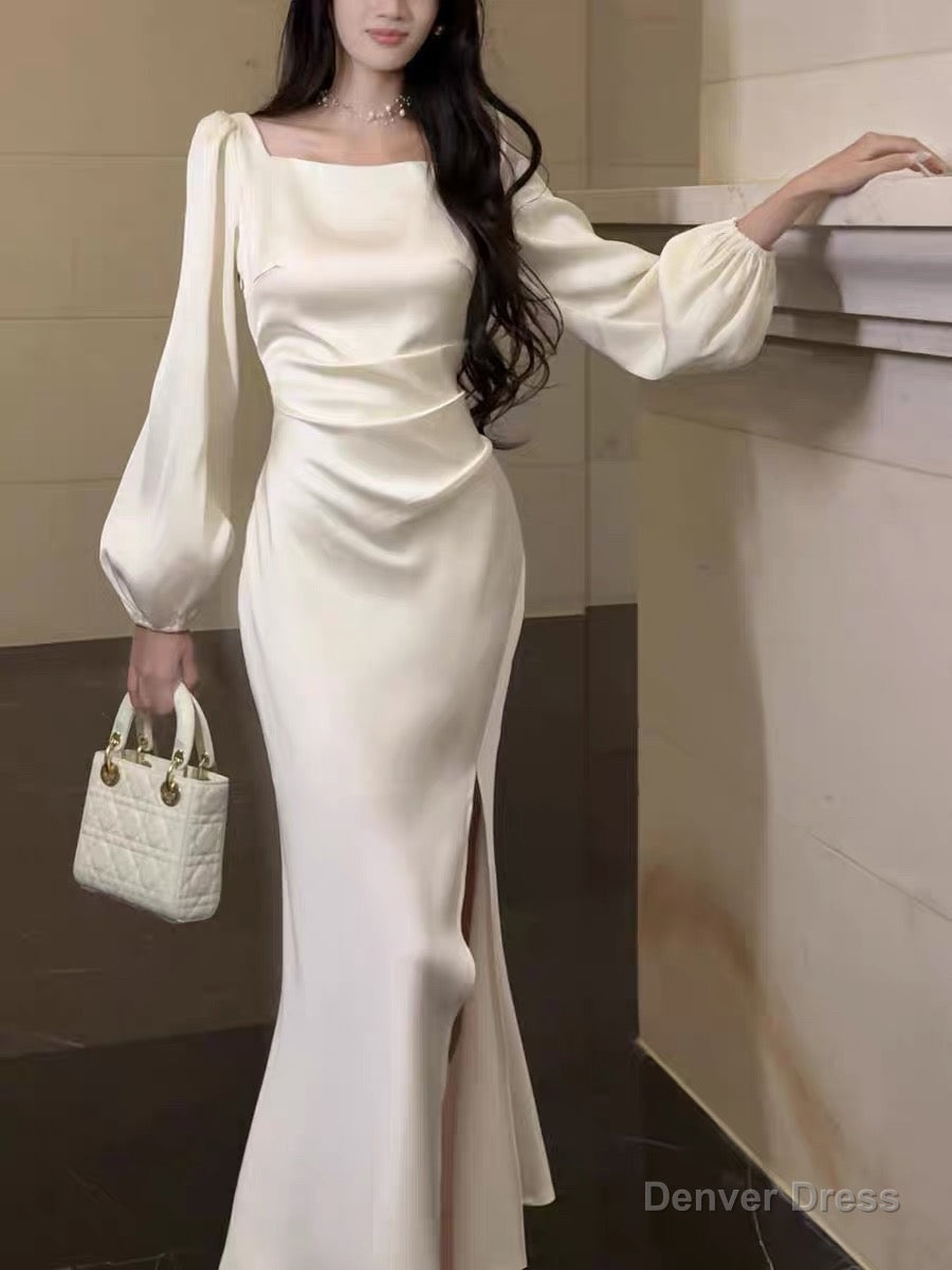 Classy Mermaid Square Neckline Long Sleeves Slit Prom Dresses Prom Gown