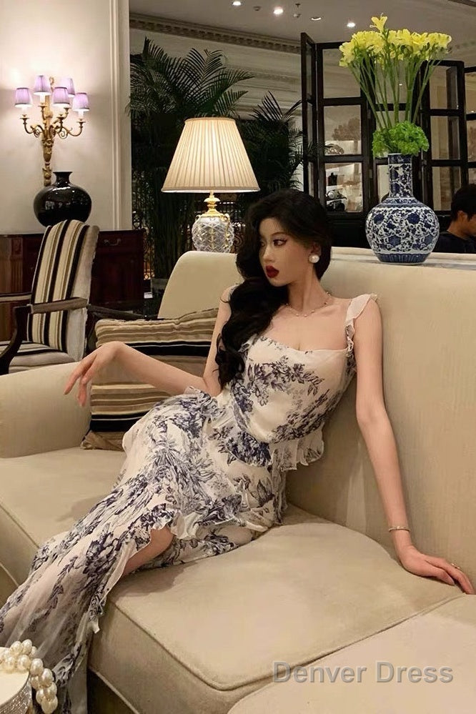Classy Mermaid Square Neckline Ruffles Long Chiffon Slit Prom Dresses Birthday Outfits Prom Gowns