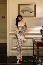 Classy Mermaid Square Neckline Ruffles Long Chiffon Slit Prom Dresses Birthday Outfits Prom Gowns