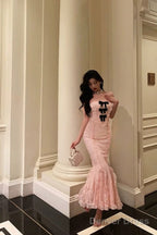 Classy Mermaid Strapless Lace Pink Prom Dresses Birthday Outfits Prom Gowns