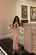 Classy Mermaid Strapless Lace Pink Prom Dresses Birthday Outfits Prom Gowns