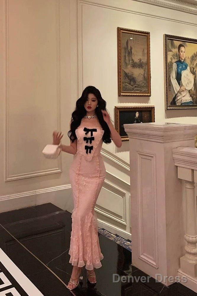 Classy Mermaid Strapless Lace Pink Prom Dresses Birthday Outfits Prom Gowns