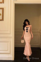 Classy Mermaid Strapless Lace Pink Prom Dresses Birthday Outfits Prom Gowns