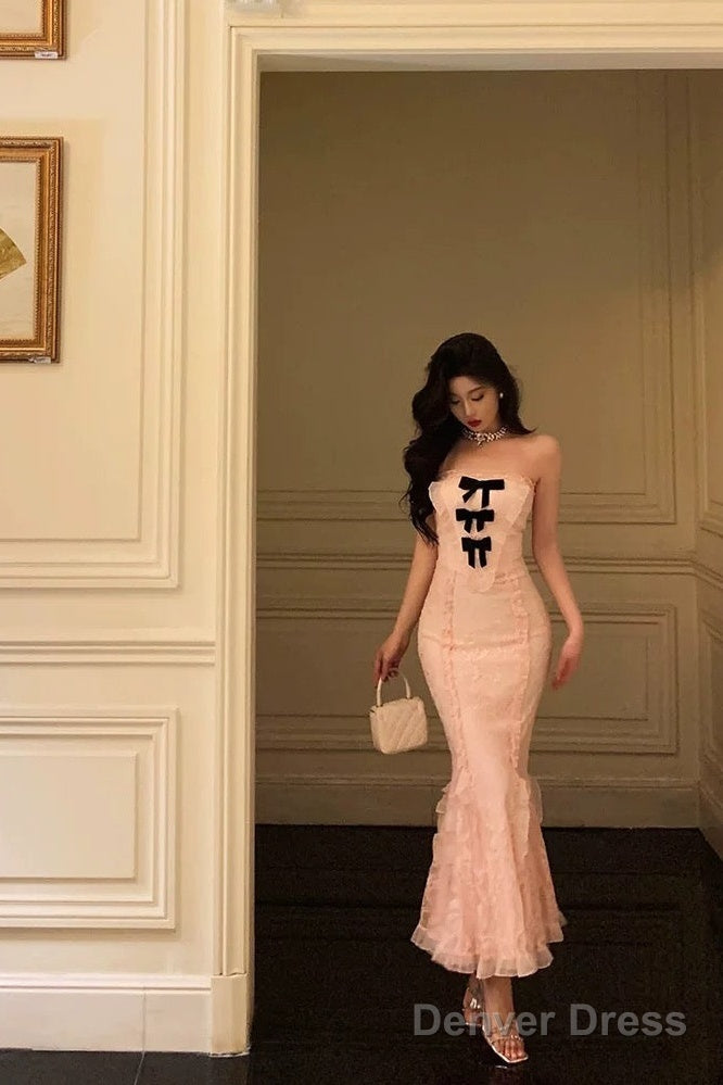Classy Mermaid Strapless Lace Pink Prom Dresses Birthday Outfits Prom Gowns