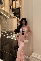 Classy Mermaid Strapless Lace Pink Prom Dresses Birthday Outfits Prom Gowns