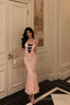 Classy Mermaid Strapless Lace Pink Prom Dresses Birthday Outfits Prom Gowns