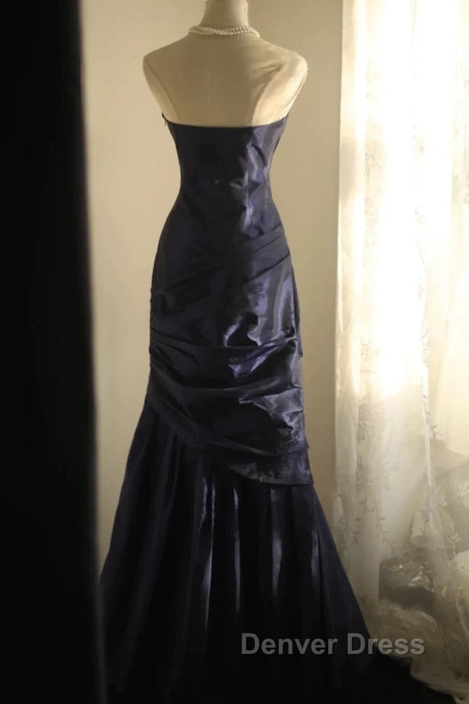 Classy Mermaid Strapless Navy Blue Organza Long Evening Gowns Prom Dresses Secondary image