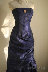 Classy Mermaid Strapless Navy Blue Organza Long Evening Gowns Prom Dress