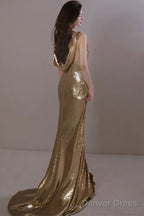 Classy Mermaid Straps Gold Sequin Long Prom Gown Prom Dresses