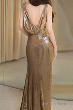 Classy Mermaid Straps Gold Sequin Long Evening Gowns Prom Dress