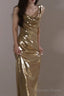 Classy Mermaid Straps Gold Sequin Long Prom Gown Prom Dresses