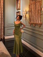Classy Mermaid Straps Green Satin Prom Dresses Birthday Outfits