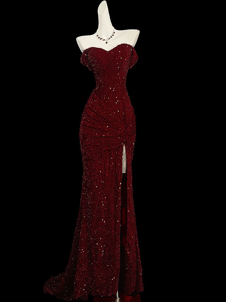 Classy Mermaid Sweetheart Red Slit Sequin Long Prom Gown Prom Dresses Main image