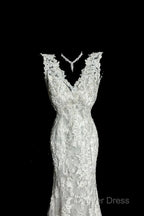 Classy Mermaid V Neckline Lace Ivory Long Wedding Dresses Bridal Dresses