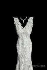 Classy Mermaid V Neckline Lace Ivory Long Wedding Dress Bridal Dresses