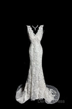 Classy Mermaid V Neckline Lace Ivory Long Wedding Dress Bridal Dresses