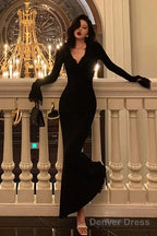 Classy Mermaid V Neckline Long Sleeves Black Prom Dresses Birthday Outfits