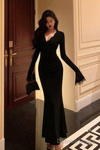 Classy Mermaid V Neckline Long Sleeves Black Prom Dresses Birthday Outfits