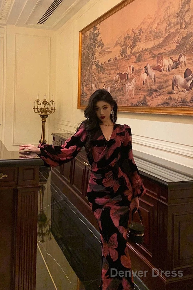 Classy Mermaid V Neckline Long Sleeves Black Velvet Pink Butterfly Prom Dresses Birthday Outfits Main image