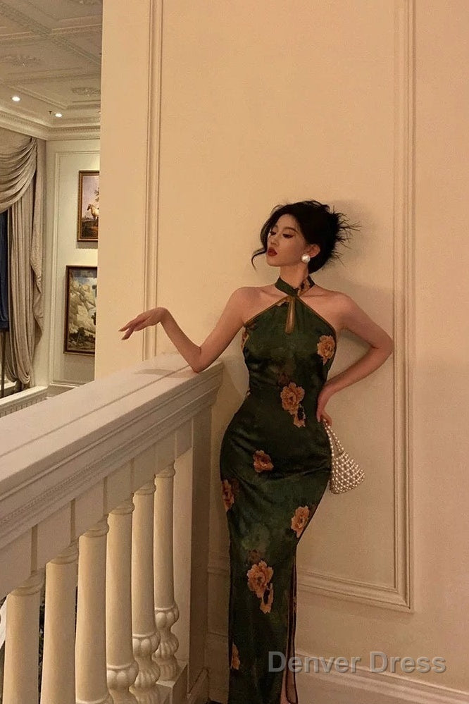 Classy Sheath Halter Green Slit Prom Dresses Birthday Outfits Prom Gowns