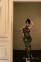 Classy Sheath Halter Green Slit Prom Dresses Birthday Outfits Prom Gowns