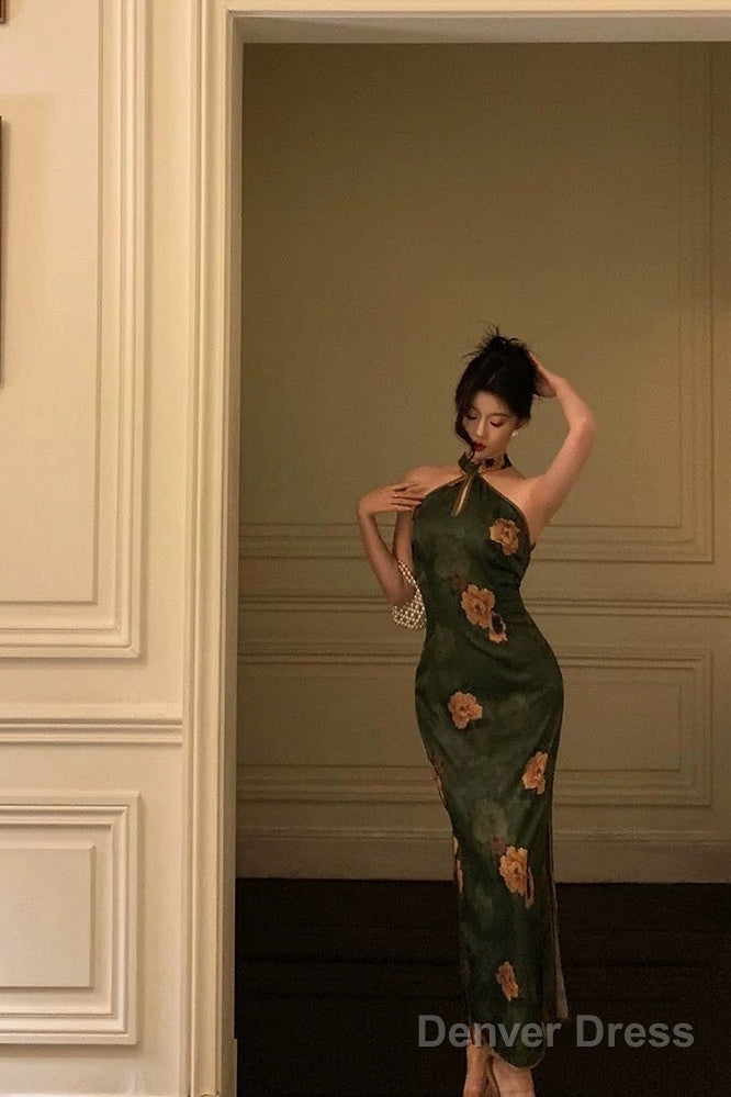 Classy Sheath Halter Green Slit Prom Dresses Birthday Outfits Prom Gowns
