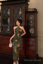 Classy Sheath Halter Green Slit Prom Dresses Birthday Outfits Prom Gowns