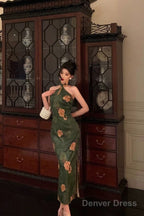 Classy Sheath Halter Green Slit Prom Dresses Birthday Outfits Prom Gowns