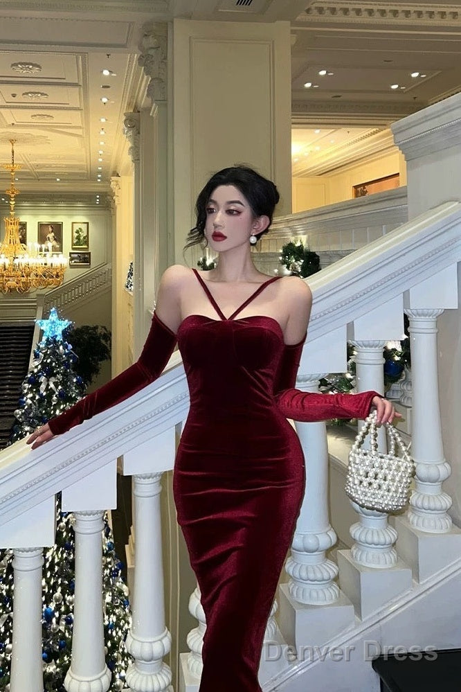 Classy Sheath Halter Neckline Burgundy Velvet Prom Dresses Birthday Outfits Prom Gowns