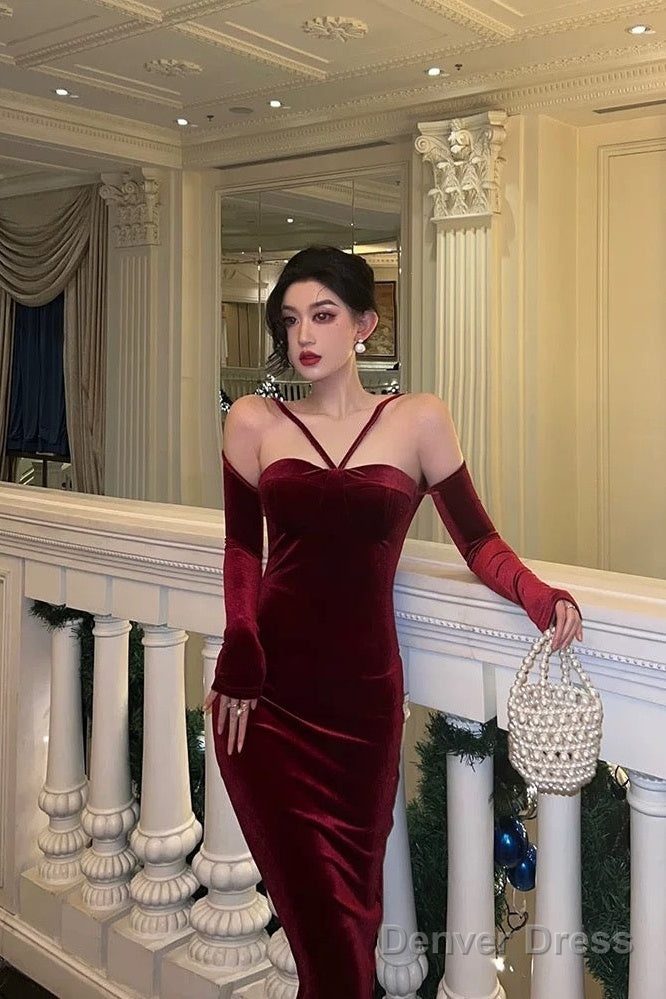 Classy Sheath Halter Neckline Burgundy Velvet Prom Dresses Birthday Outfits Prom Gowns