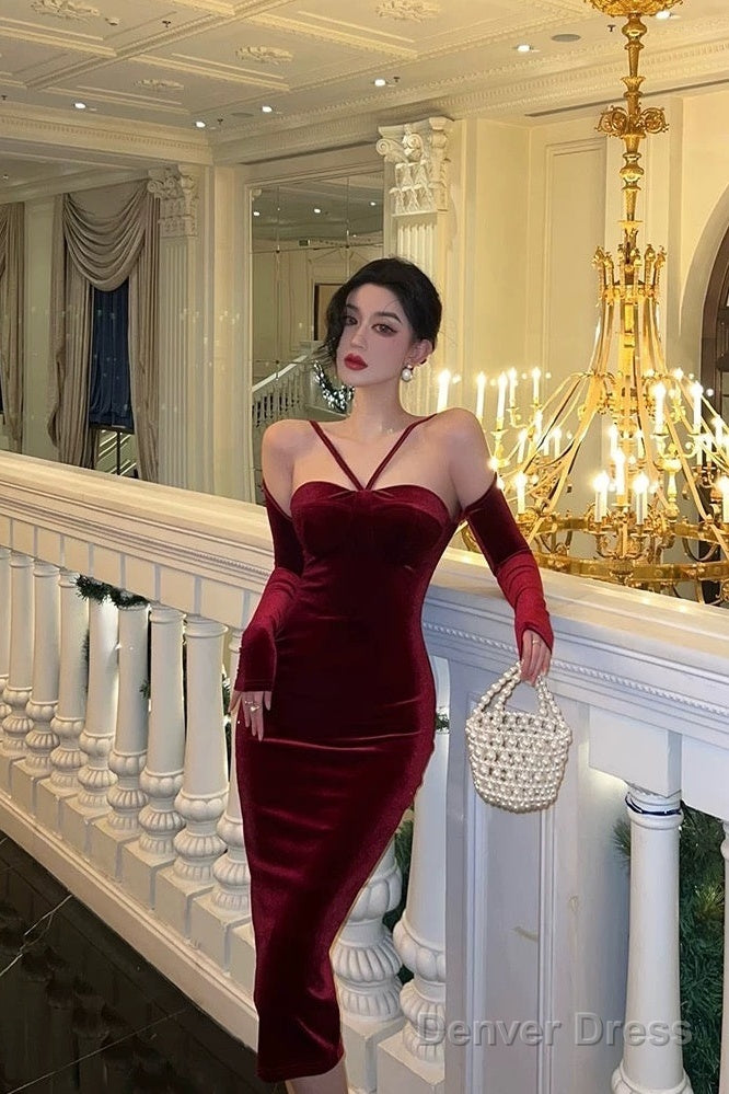 Classy Sheath Halter Neckline Burgundy Velvet Prom Dresses Birthday Outfits Prom Gowns