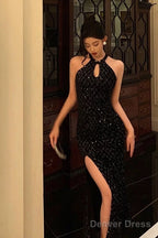 Classy Sheath Halter Sleeveless Black Sequin Prom Dresses Birthday Outfits