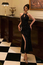 Classy Sheath Halter Sleeveless Black Sequin Prom Dresses Birthday Outfits