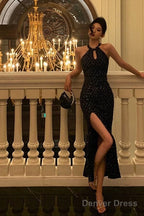 Classy Sheath Halter Sleeveless Black Sequin Prom Dresses Birthday Outfits