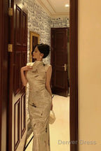 Classy Sheath High Neckline Velvet Flora Prom Dresses Birthday Outfits Evening Gown