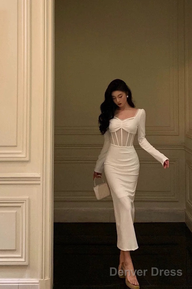 Classy Sheath Long Sleeves White Prom Dresses Birthday Outfits Prom Gowns