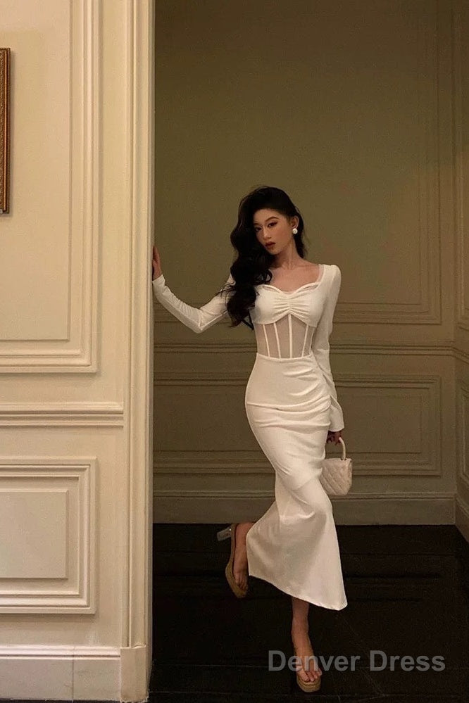 Classy Sheath Long Sleeves White Prom Dresses Birthday Outfits Prom Gowns