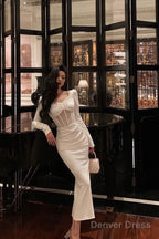 Classy Sheath Long Sleeves White Prom Dresses Birthday Outfits Prom Gowns