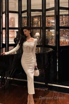 Classy Sheath Long Sleeves White Prom Dresses Birthday Outfits Prom Gowns