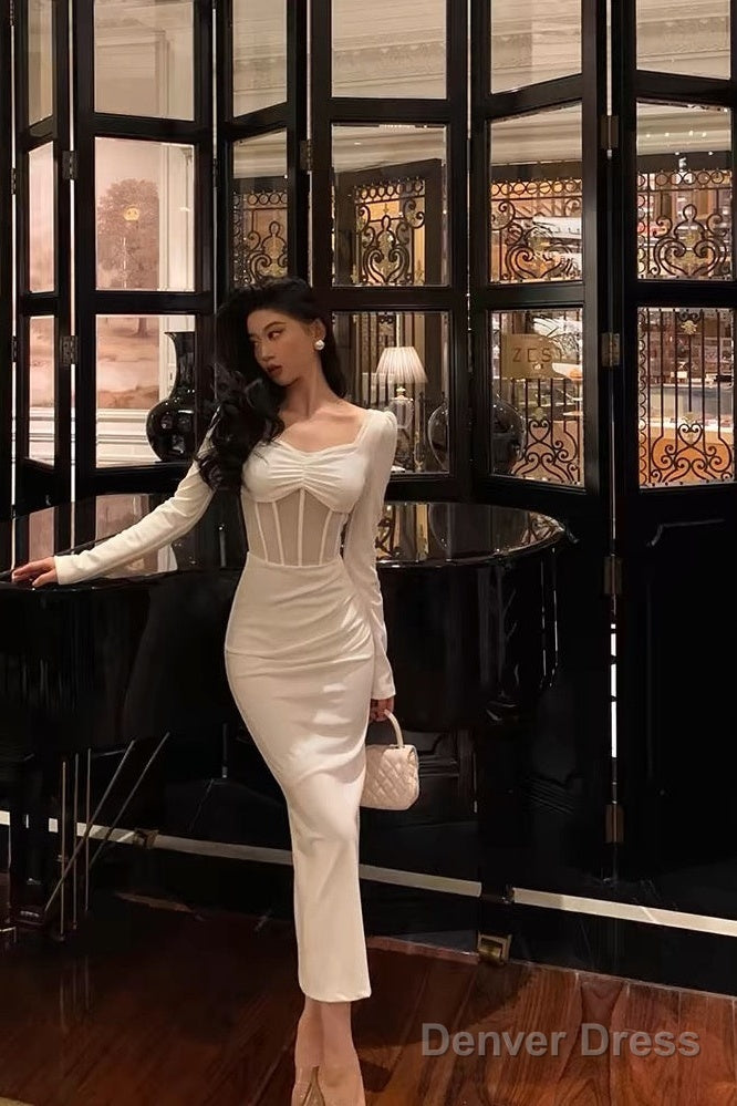 Classy Sheath Long Sleeves White Prom Dresses Birthday Outfits Prom Gowns