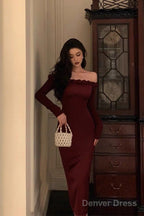 Classy Sheath Off The Shoulder Burgundy Long Sleeves Prom Dresses Birthday Outfits Prom Gowns
