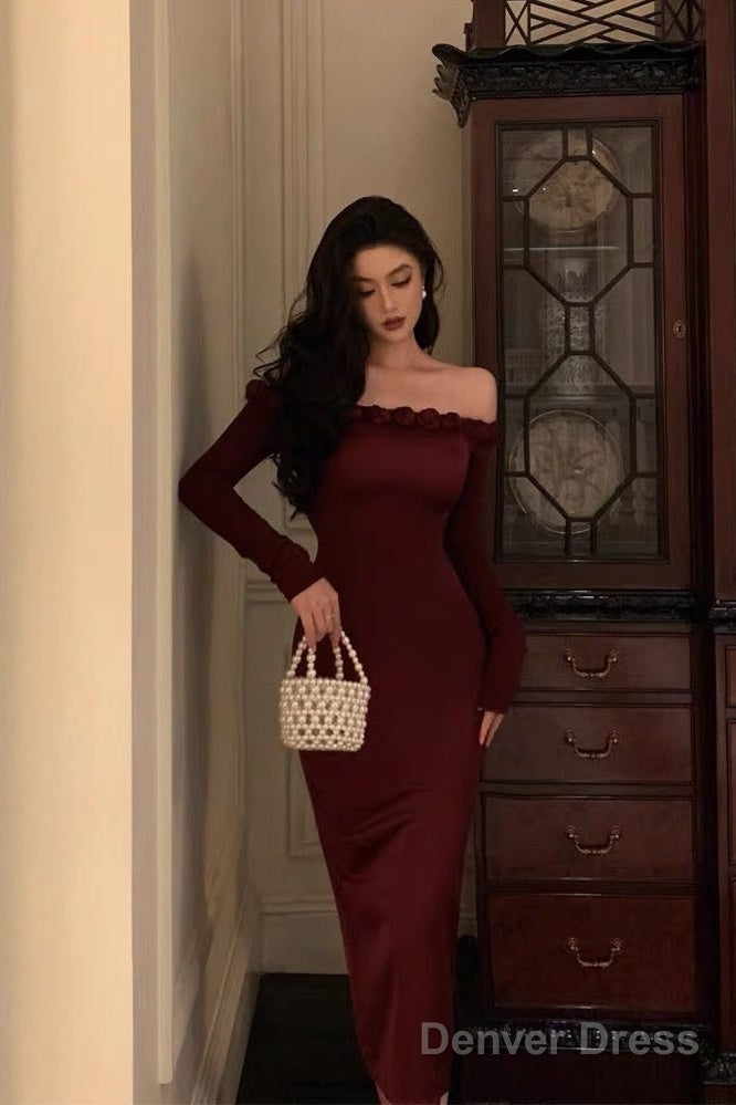 Classy Sheath Off The Shoulder Burgundy Long Sleeves Prom Dresses Birthday Outfits Prom Gowns