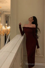 Classy Sheath Off The Shoulder Burgundy Long Sleeves Prom Dresses Birthday Outfits Prom Gowns