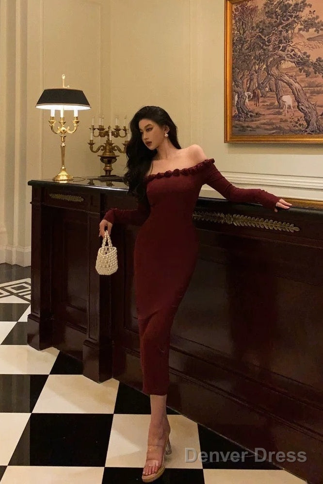 Classy Sheath Off The Shoulder Burgundy Long Sleeves Prom Dresses Birthday Outfits Prom Gowns