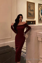 Classy Sheath Off The Shoulder Burgundy Long Sleeves Prom Dresses Birthday Outfits Prom Gowns